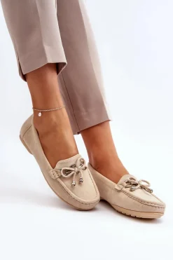 Zamszowe Mokasyny Damskie Ozdobą Beżowe Daphikaia
