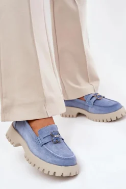 Zamszowe Mokasyny Damskie Z Przypinką Miś Vinceza 79533 Niebieskie