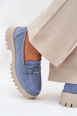 Zamszowe Mokasyny Damskie Z Przypinką Miś Vinceza 79533 Niebieskie