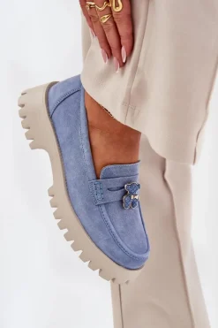 Zamszowe Mokasyny Damskie Z Przypinką Miś Vinceza 79533 Niebieskie