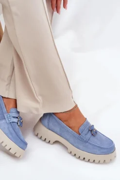 Zamszowe Mokasyny Damskie Z Przypinką Miś Vinceza 79533 Niebieskie