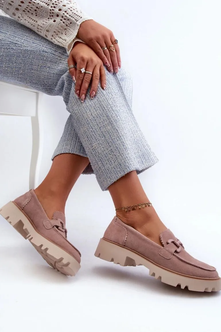 Zamszowe Mokasyny Damskie Z Ozdobą D&A TW117 Różowe