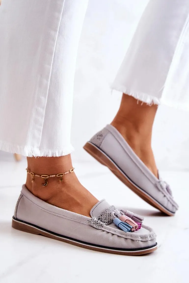 Zamszowe Mokasyny Damskie Z Frędzlami Szare Laressa