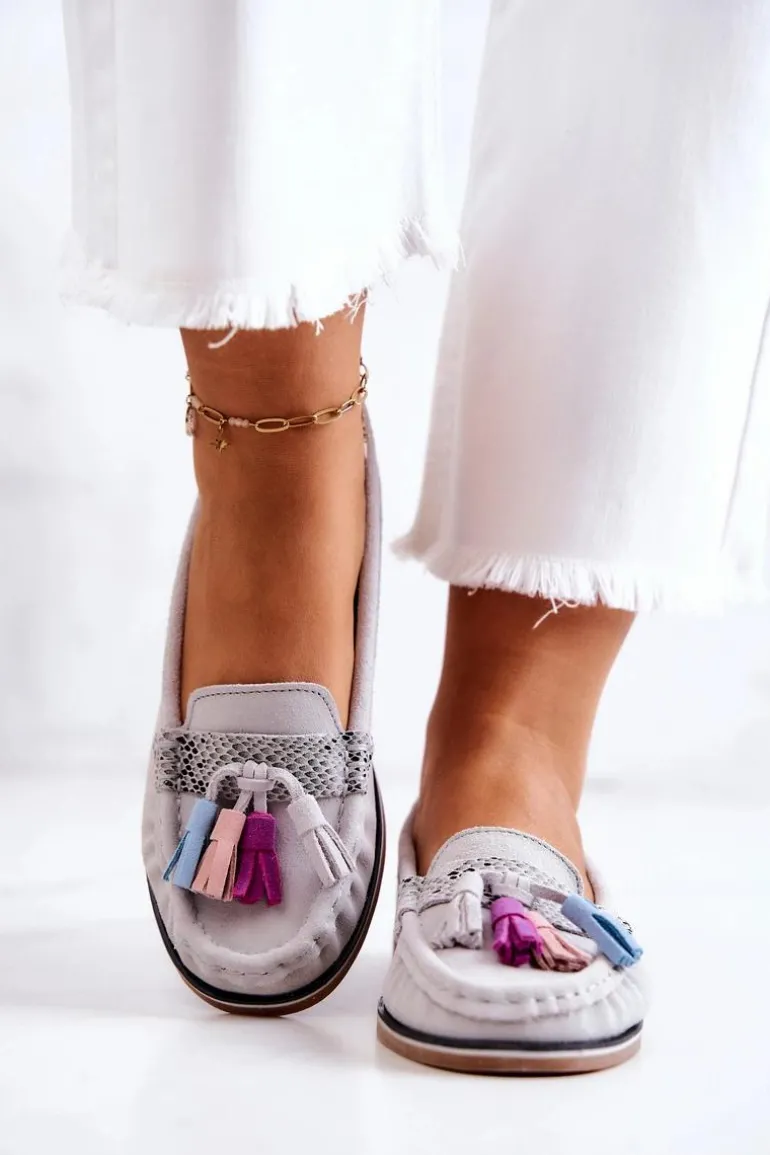 Zamszowe Mokasyny Damskie Z Frędzlami Szare Laressa