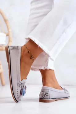 Zamszowe Mokasyny Damskie Z Frędzlami Szare Laressa