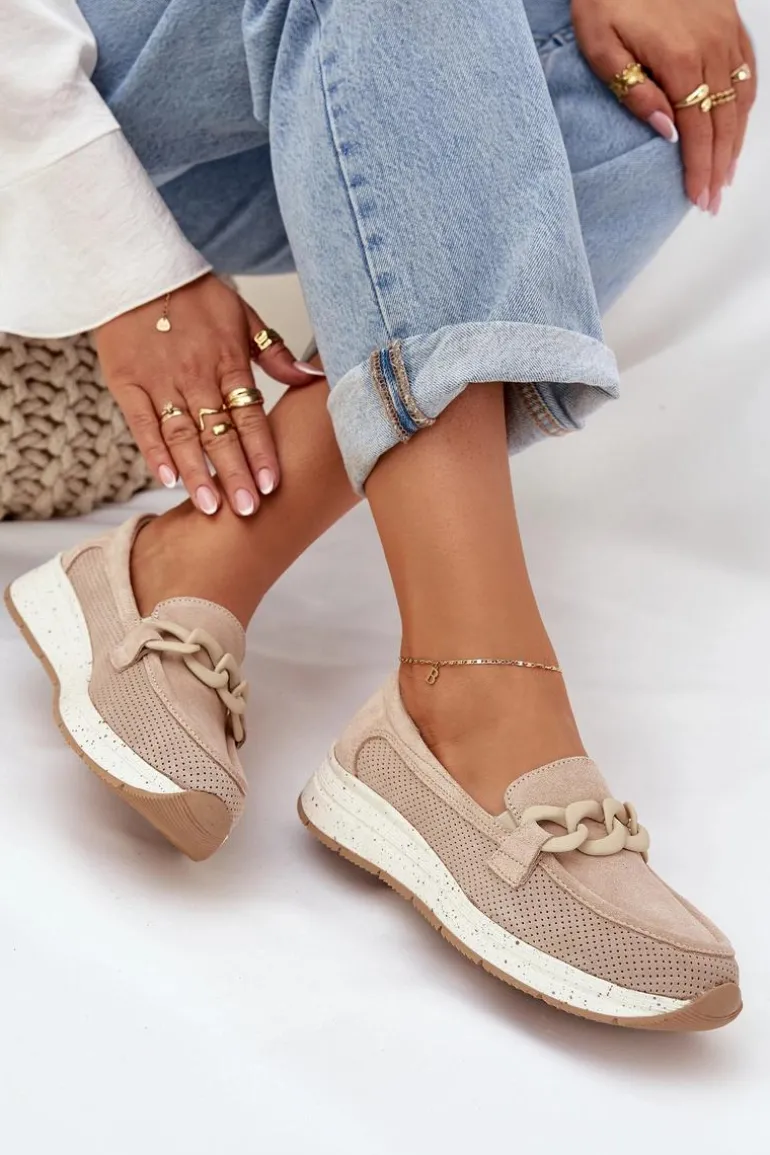 Zamszowe Mokasyny Na Platformie Z Łańcuchem D&A TW552 Beżowe