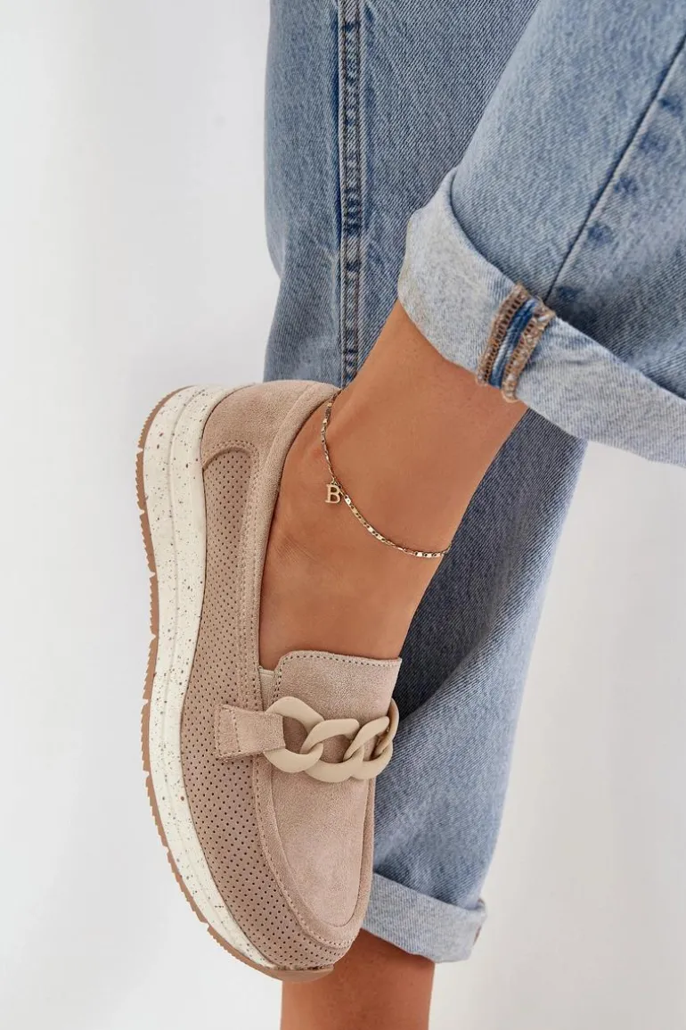 Zamszowe Mokasyny Na Platformie Z Łańcuchem D&A TW552 Beżowe