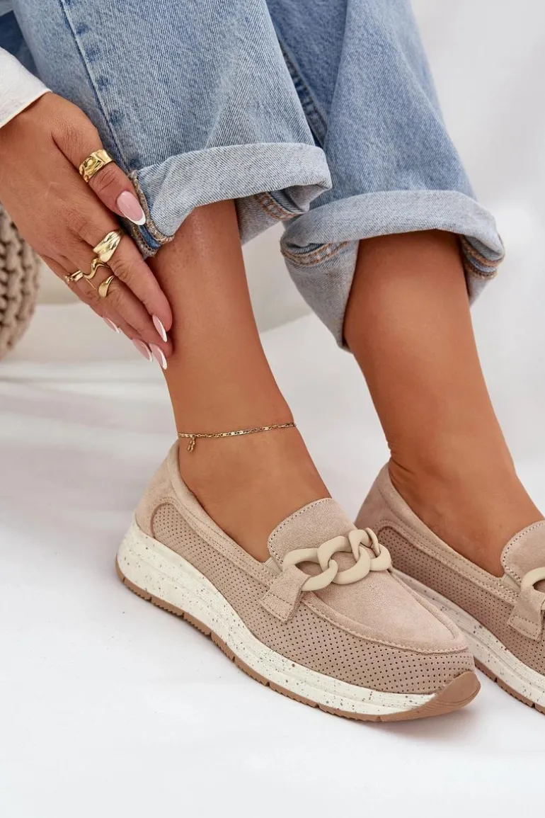 Zamszowe Mokasyny Na Platformie Z Łańcuchem D&A TW552 Beżowe