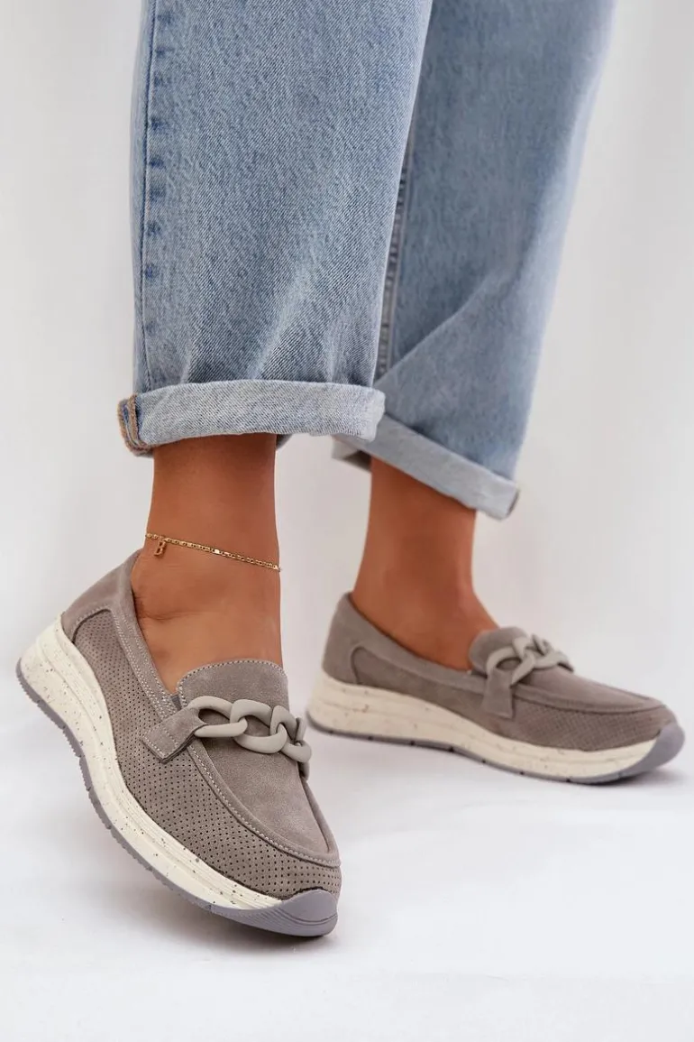 Zamszowe Mokasyny Na Platformie Z Łańcuchem D&A TW552 Szare