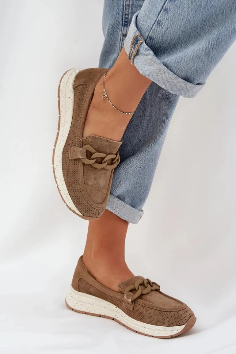 Zamszowe Mokasyny Na Platformie Z Łańcuchem D&A TW552 Brązowe