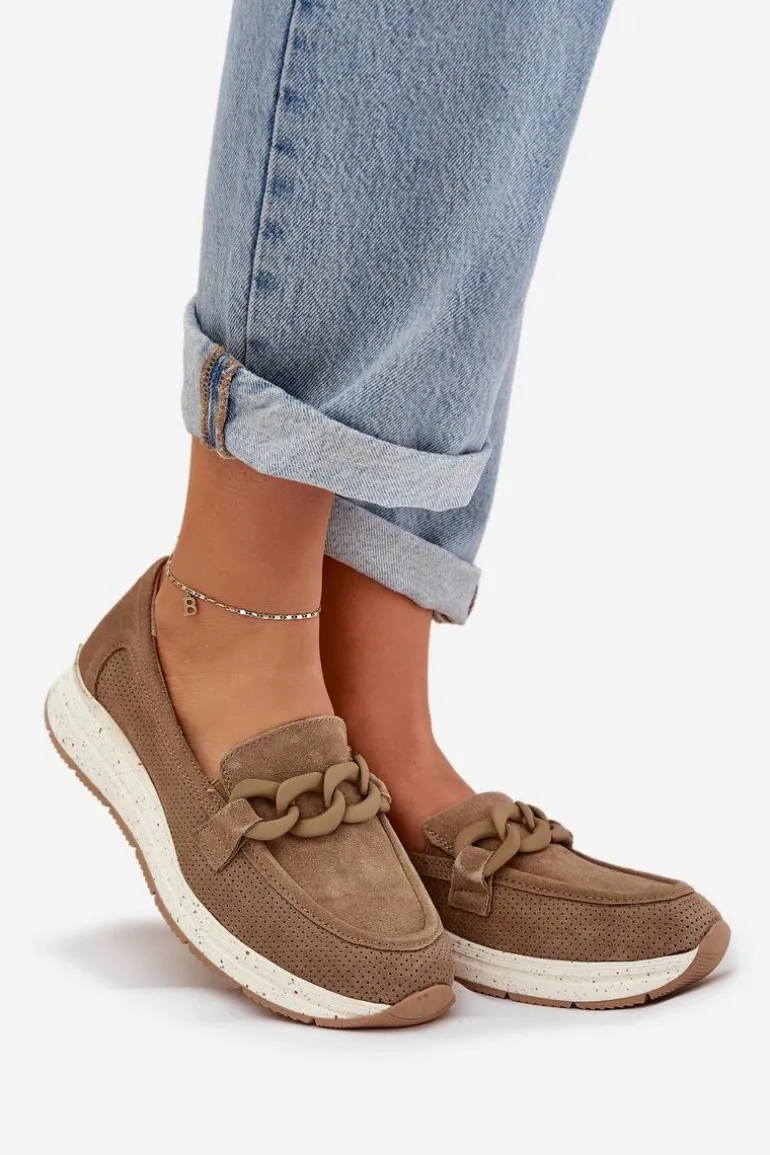 Zamszowe Mokasyny Na Platformie Z Łańcuchem D&A TW552 Brązowe