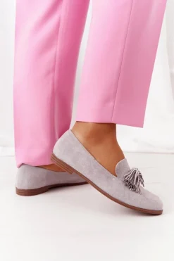 Zamszowe Mokasyny Z Frędzlami Szare Alicante
