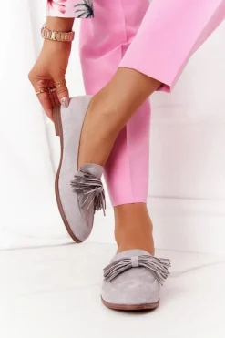 Zamszowe Mokasyny Z Frędzlami Szare Alicante