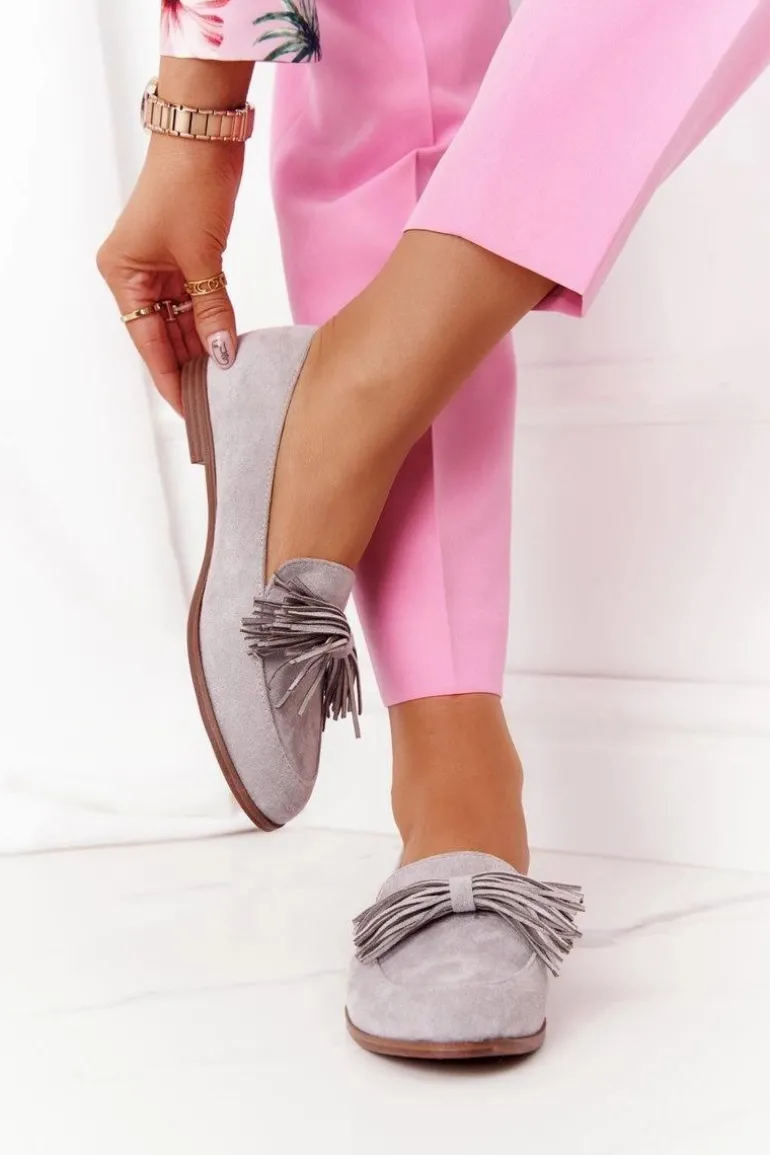 Zamszowe Mokasyny Z Frędzlami Szare Alicante