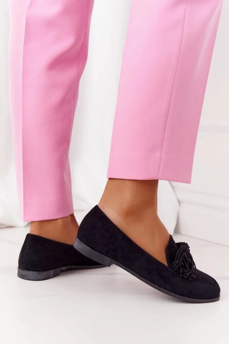 Zamszowe Mokasyny Z Frędzlami Czarne Alicante