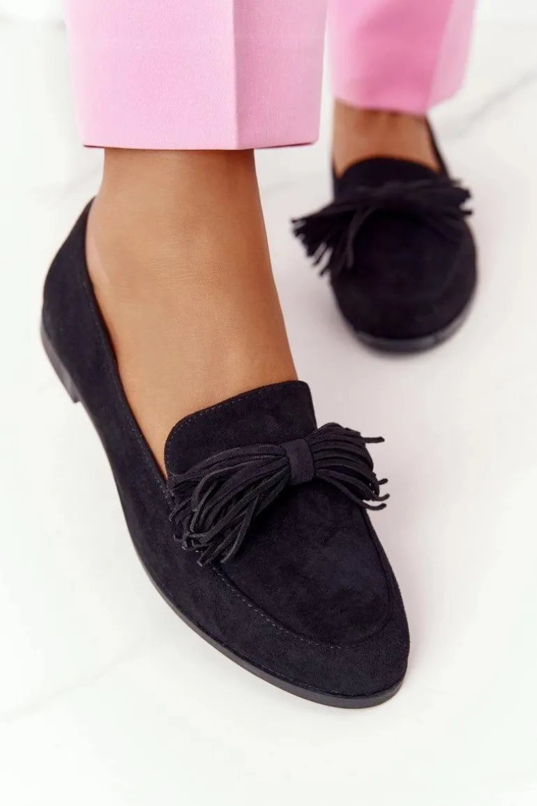Zamszowe Mokasyny Z Frędzlami Czarne Alicante