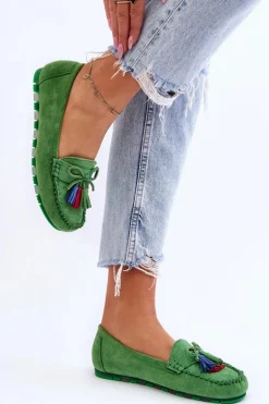 Zamszowe Mokasyny Z Kokardą I Frędzlami Zielone Dorine