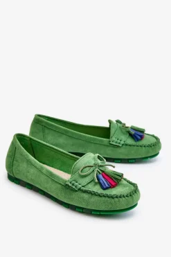 Zamszowe Mokasyny Z Kokardą I Frędzlami Zielone Dorine