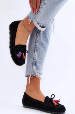 Zamszowe Mokasyny Z Kokardą I Frędzlami Czarne Dorine