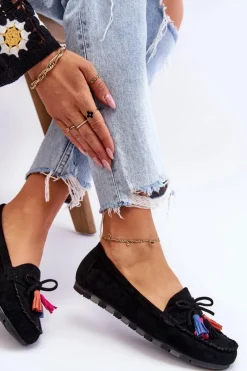 Zamszowe Mokasyny Z Kokardą I Frędzlami Czarne Dorine