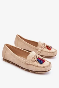 Zamszowe Mokasyny Z Kokardą I Frędzlami Beżowe Dorine