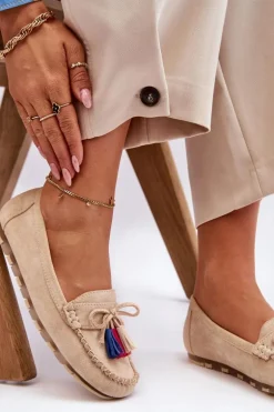 Zamszowe Mokasyny Z Kokardą I Frędzlami Beżowe Dorine