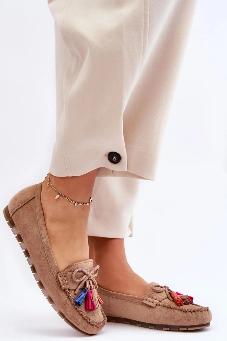 Zamszowe Mokasyny Z Kokardą I Frędzlami Ciemnobeżowe Dorine