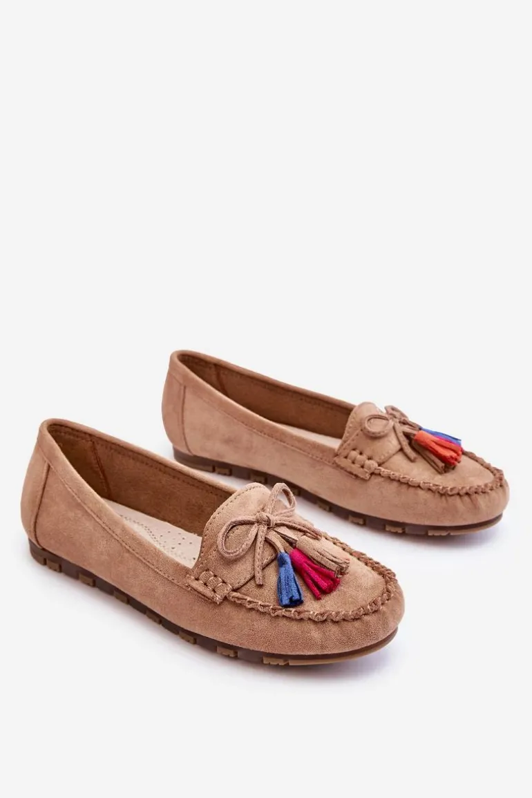 Zamszowe Mokasyny Z Kokardą I Frędzlami Ciemnobeżowe Dorine