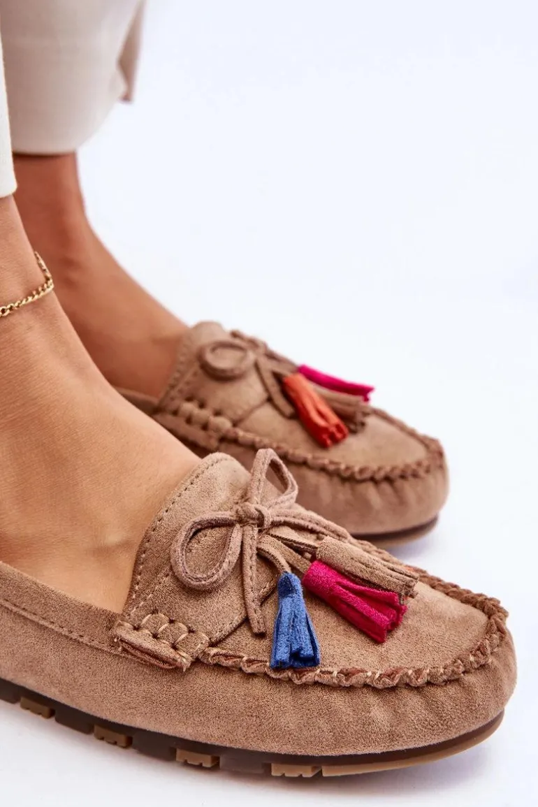 Zamszowe Mokasyny Z Kokardą I Frędzlami Ciemnobeżowe Dorine