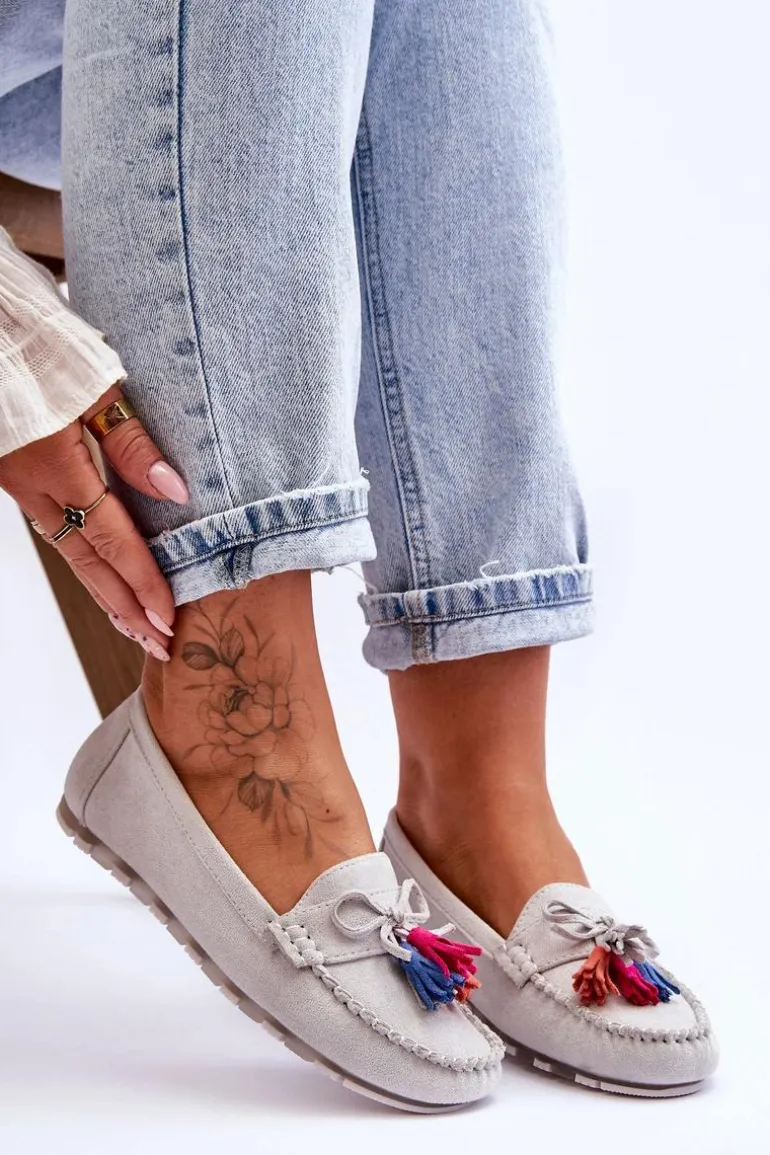 Zamszowe Mokasyny Z Kokardą I Frędzlami Szare Dorine