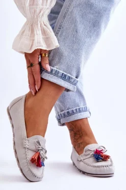 Zamszowe Mokasyny Z Kokardą I Frędzlami Szare Dorine