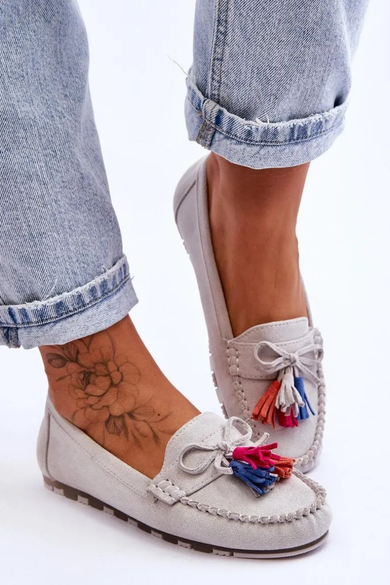 Zamszowe Mokasyny Z Kokardą I Frędzlami Szare Dorine