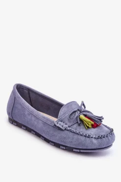 Zamszowe Mokasyny Z Kokardą I Frędzlami Niebieskie Dorine