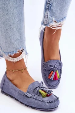 Zamszowe Mokasyny Z Kokardą I Frędzlami Niebieskie Dorine