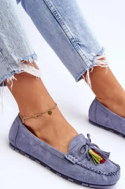 Zamszowe Mokasyny Z Kokardą I Frędzlami Niebieskie Dorine