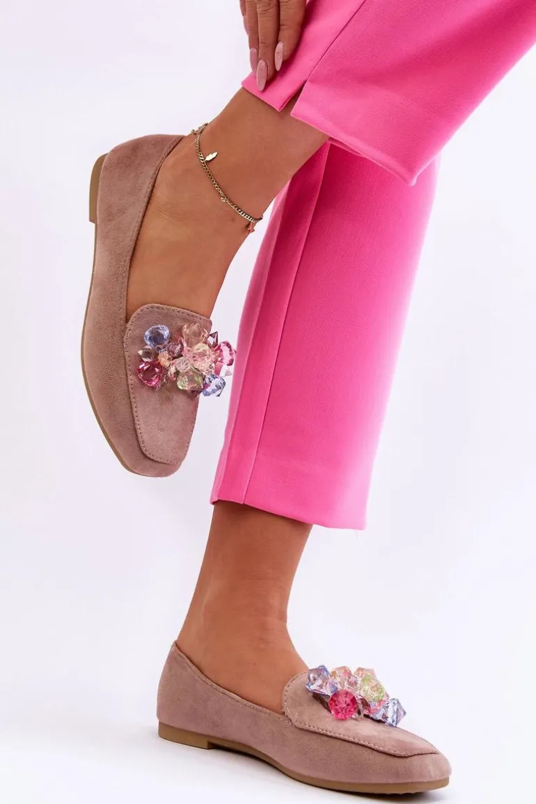 Zamszowe Mokasyny Z Ozdobnymi Kryształami Ciemnobeżowe Arvilla