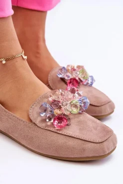 Zamszowe Mokasyny Z Ozdobnymi Kryształami Ciemnobeżowe Arvilla