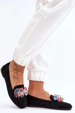 Zamszowe Mokasyny Z Ozdobnymi Kryształami Czarne Arvilla