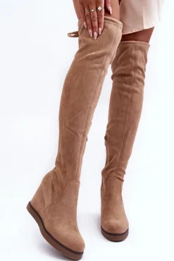 Zamszowe Muszkieterki Kozaki Na Koturnie Beżowe Mephal