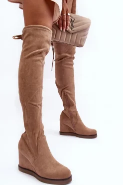 Zamszowe Muszkieterki Kozaki Na Koturnie Beżowe Mephal