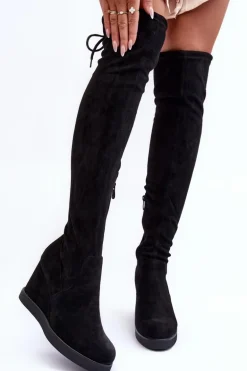 Zamszowe Muszkieterki Kozaki Na Koturnie Czarne Mephal