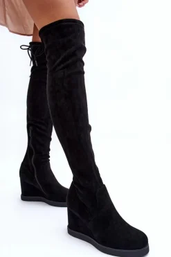 Zamszowe Muszkieterki Kozaki Na Koturnie Czarne Mephal