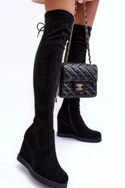 Zamszowe Muszkieterki Kozaki Na Koturnie Czarne Mephal