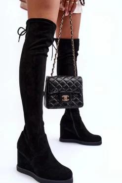 Zamszowe Muszkieterki Kozaki Na Koturnie Czarne Mephal