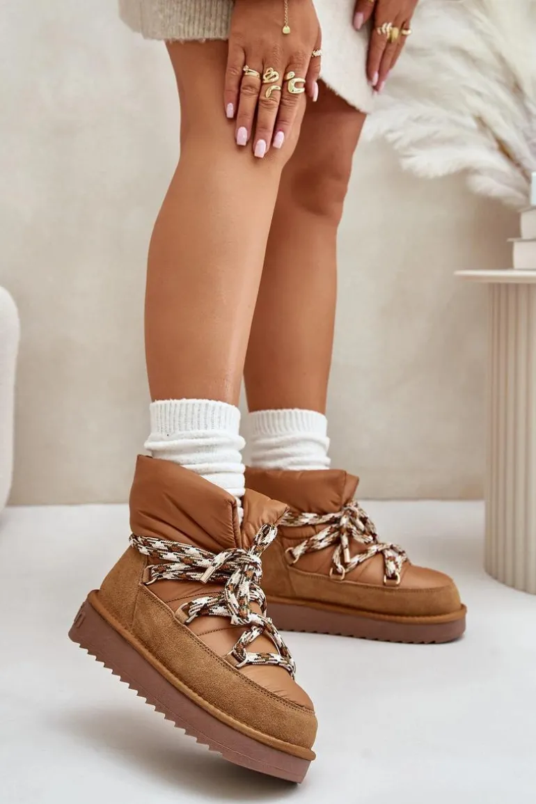 Zamszowe Śniegowce Damskie Z Grubym Sznurowaniem D.Franklin DFSH375003 Brązowe