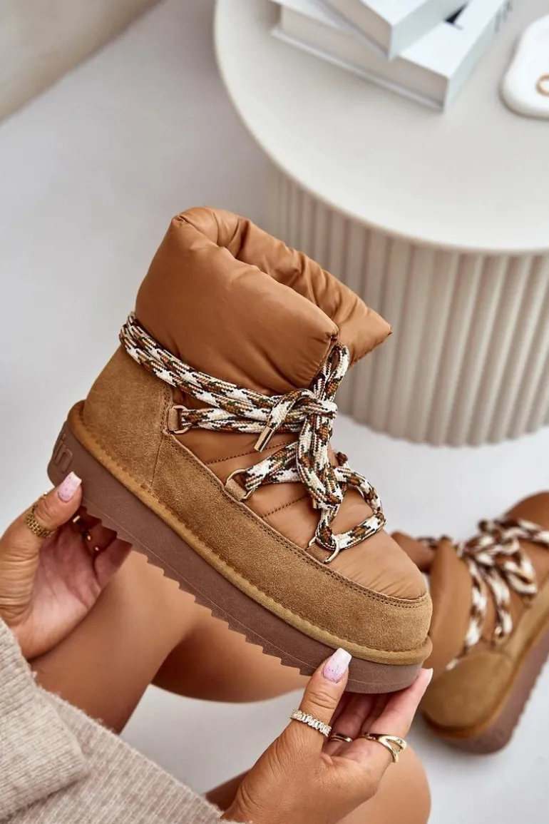 Zamszowe Śniegowce Damskie Z Grubym Sznurowaniem D.Franklin DFSH375003 Brązowe