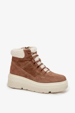 Zamszowe Śniegowce Damskie Z Kożuszkiem Na Platformie Vinceza 95354 Camel