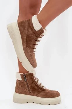 Zamszowe Śniegowce Damskie Z Kożuszkiem Na Platformie Vinceza 95354 Camel