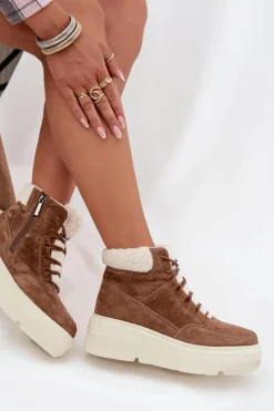 Zamszowe Śniegowce Damskie Z Kożuszkiem Na Platformie Vinceza 95354 Camel