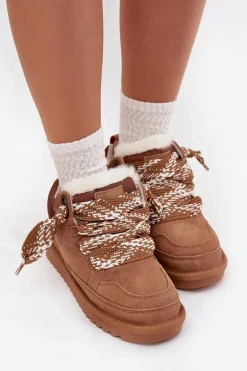 Zamszowe Śniegowce Damskie Z Futerkiem I Grubym Sznurowaniem Vinceza 97963 Camel